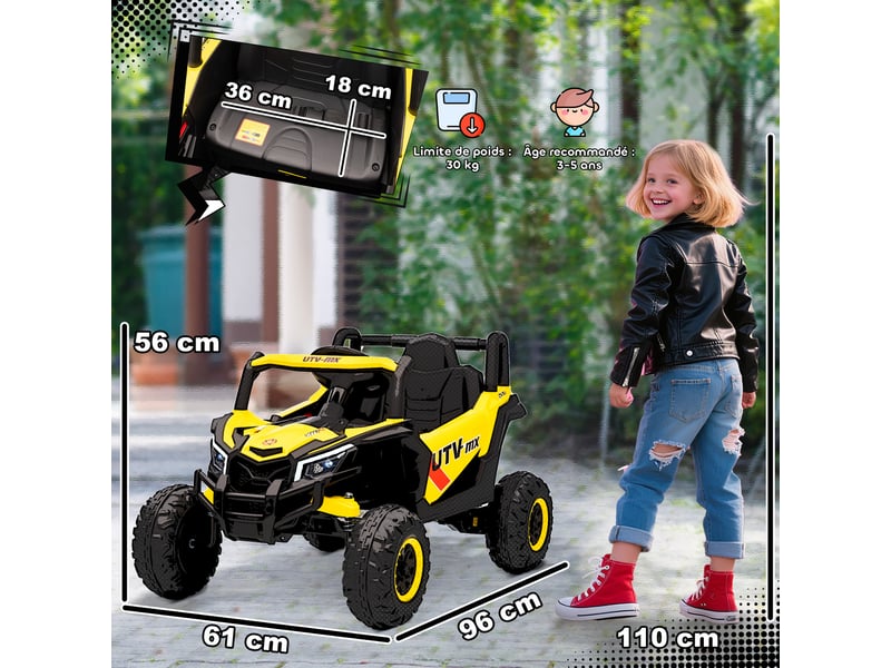 Voiture électrique enfants utv 12 v, buggy électrique enfants avec télécommande, 96 x 61 x 56 cm, jaune - Conforama E