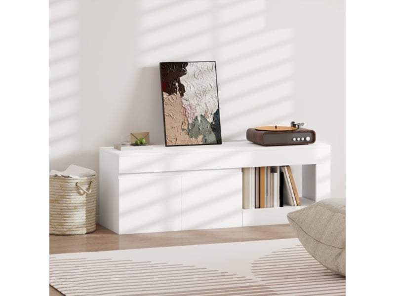  Meuble tv bas moderne blanc 140x40x48 cm, 2 portes, rangement ouvert, poignées, pour tv jusqu'à 60 pouces  - Conforama D