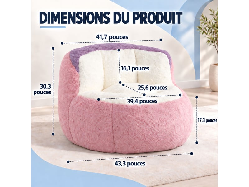 Canapé pouf géant en fausse fourrure, tissu doux respectueux de la peau, mousse déchiquetée haute résilience,rose+blanc+violet - Conforama D