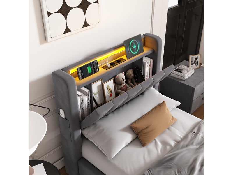 Lit 90x200 cm avec tête led, rangement hydraulique et usb chicfurn  - Conforama R