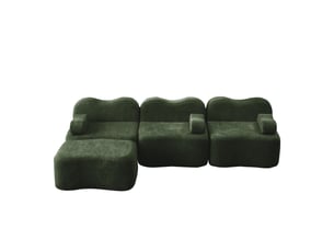 Canapé d’angle modulable 3 places en velours vert avec pouf, assise profonde, mousse haute densité 32d et forme ondulée