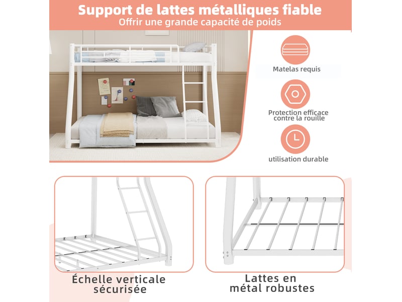  Lit superposé, 196x146,6x139 cm, couchage superposé, avec échelle, garde corps, sommier à lattes, métal, coloris blanc  - Conforama E