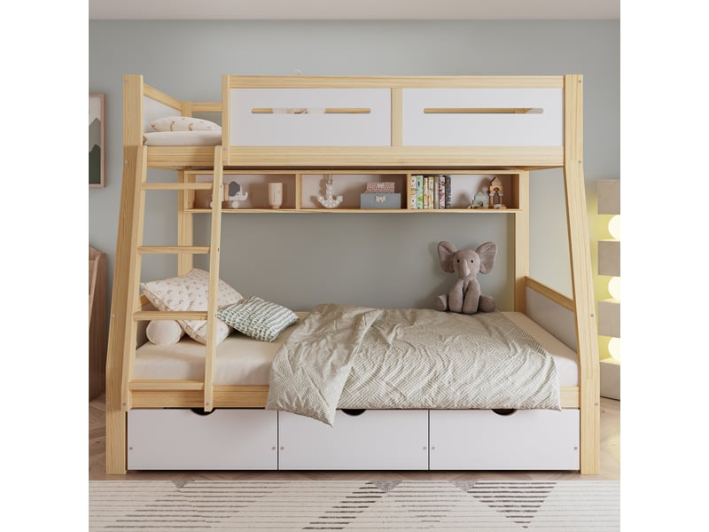  Lit superposé 90120x200 cm avec trois tiroirs, lit enfant avec étagère à livres de 2 m, cadre de lit en pin, blanc + naturel  - Conforama A