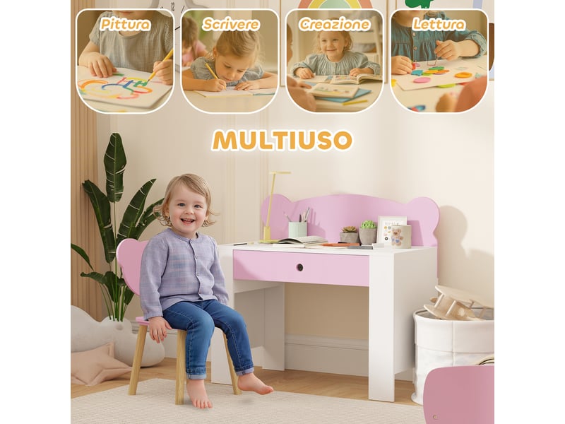  Ensemble bureau enfant avec tiroir et chaise à dossier ours en peluche, 3-8 ans, rose  - Conforama E