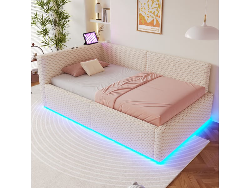 Lit coffre simple 90×200 cm avec led, 2 usb et type-c - okmyhome- rangement hydraulique, velours beige, sans matelas  - Conforama B
