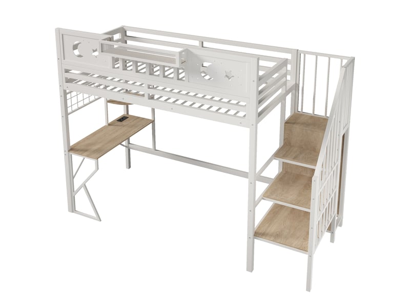 Lit mezzanine enfant 90 × 200 cm avec bureau, étagères, led multicolore et usb, sans matelas, métal et mdf blancs - Conforama E