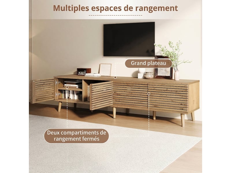  Meuble tv bois clair 180 cm pour tv jusqu'à 75 pouces - 4 portes à lattes  - Conforama R