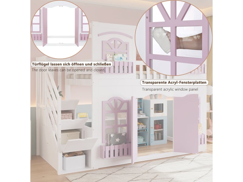  Lit mezzanine cabane enfant 90 x 200 cm avec escalier de rangement, garde-corps de sécurité et espace de jeu, blanc et rose  - Conforama E