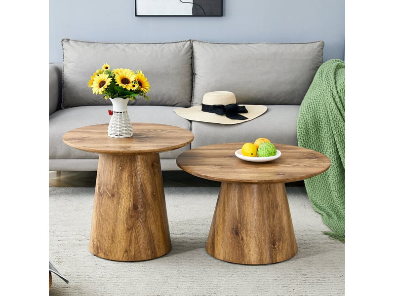  Lot de 2 tables d'appoint rondes 50x48+60x35 cm, table de salon, table basse, pour salon, mdf, élégante, couleur bois  - Conforama D
