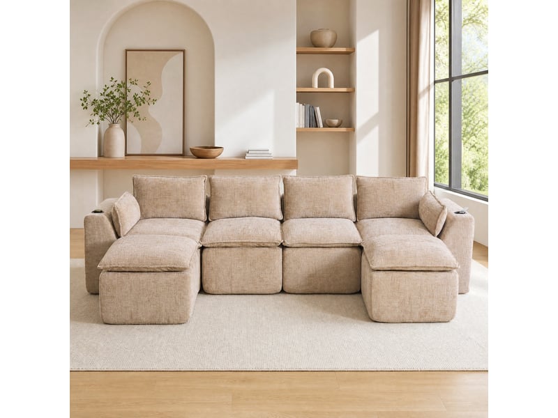Canapé modulable 4 places avec 2 poufs en chenille kaki - Conforama C