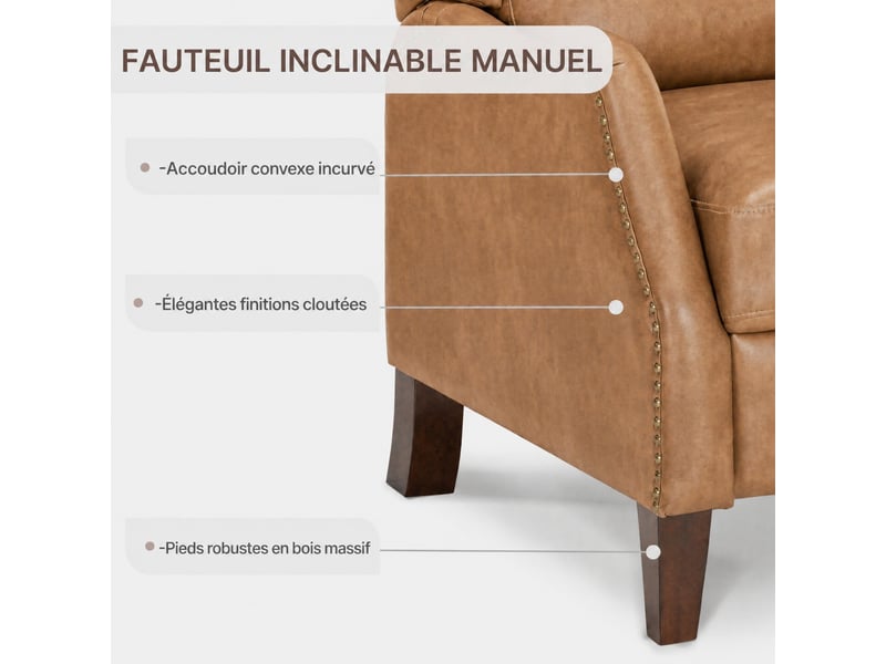  Fauteuil relax manuel en pu,3 positions,  structure en bois massif – salon, bureau, chambre,marron  - Conforama E