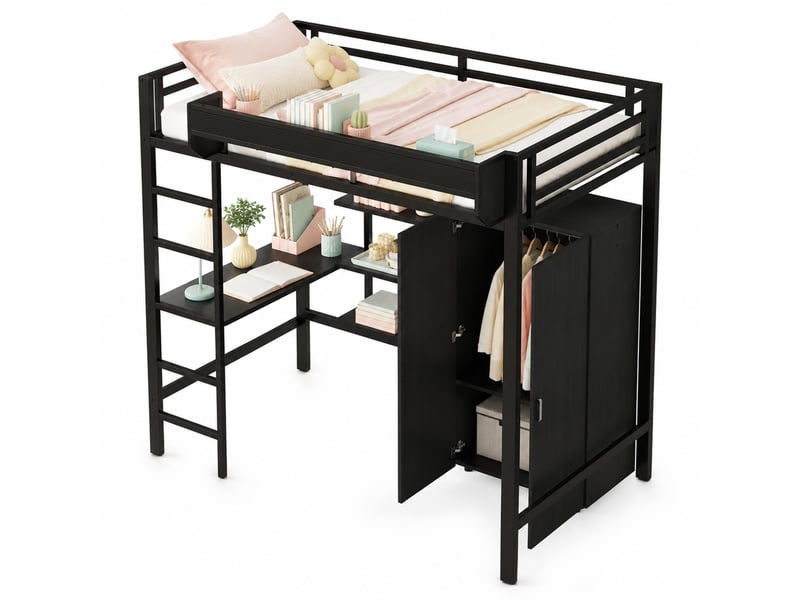  Lit mezzanine 1 place 90x200 cm en métal avec bureau, armoire, rangement et échelle 5 marches, sans matelas, noir  - Conforama A