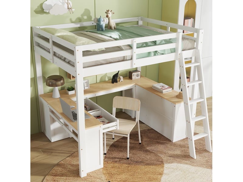  Lit mezzanine enfant 140x200 cm avec bureau en u, 2 tiroirs, rangement, bois, mdf, panneau de particules, blanc et naturel sans matelas  - Conforama E