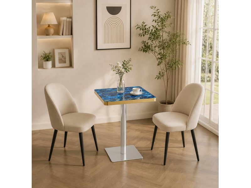  Table à manger carrée 60 x 60 cm en mdf et métal, effet marbre bleu, hauteur 74 cm  - Conforama B
