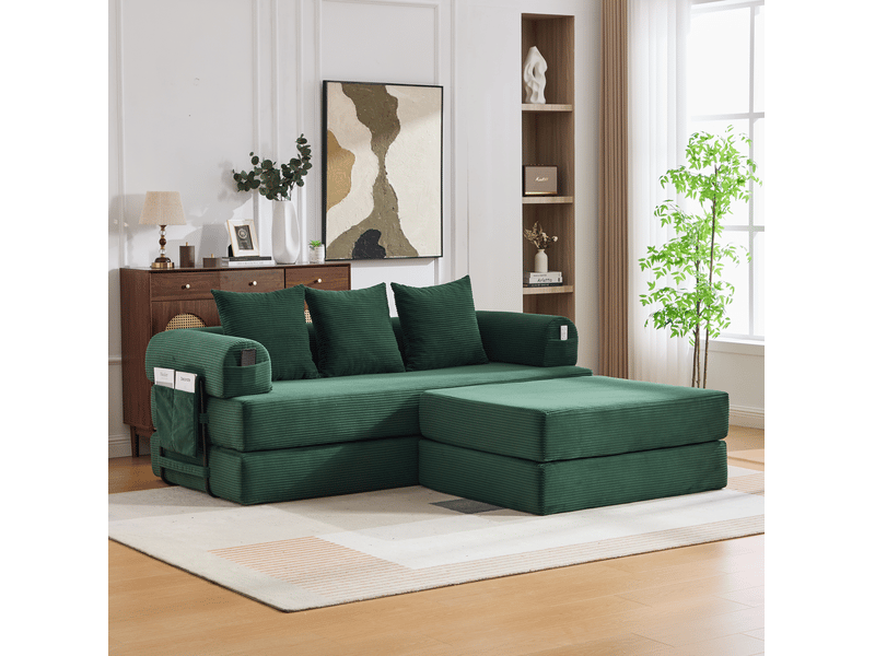 Canapé modulable 3 places modenvie en velours côtelé vert émeraude avec pouf et poche latérale 200 x 190 cm - Conforama D