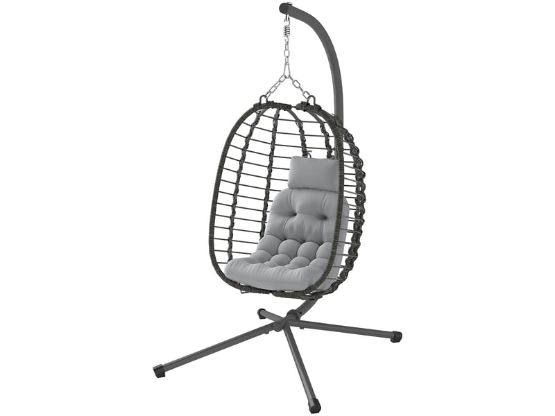 Fauteuil suspendu pliable en résine tressée avec support, coussin et oreiller hauteur réglable, gris - Conforama A