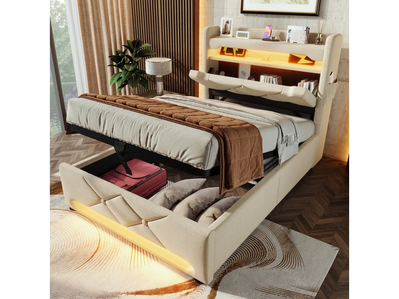 Lit coffre rembourré led 360° avec rangement et usb-c, beige, 90x200 cm Fay Lum - Conforama B