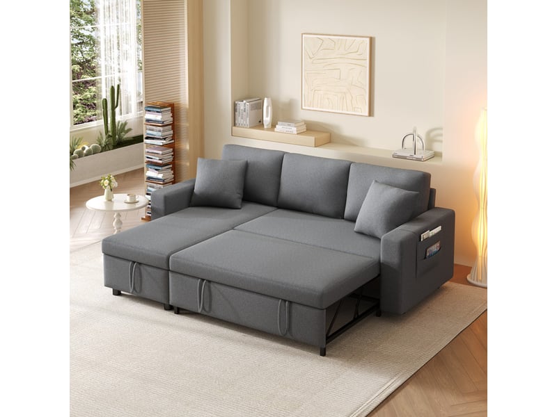  Canapé d'angle convertible,3 places, avec couchage et espace de rangement,lin,219,5×142,5×83 cm,gris  - Conforama D
