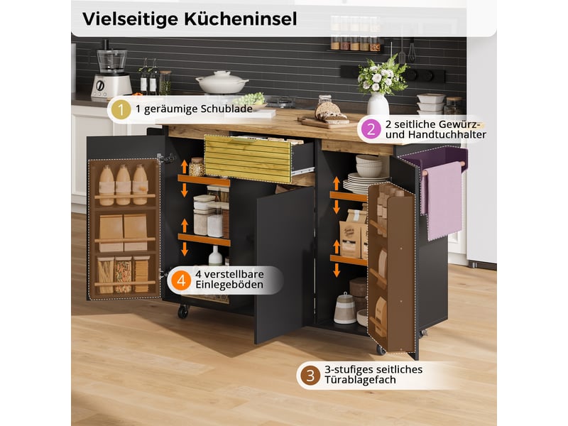  Îlot de cuisine mobile avec plateau rabattable, meuble sur roulettes verrouillables 120 x 70 x 90 cm  - Conforama W