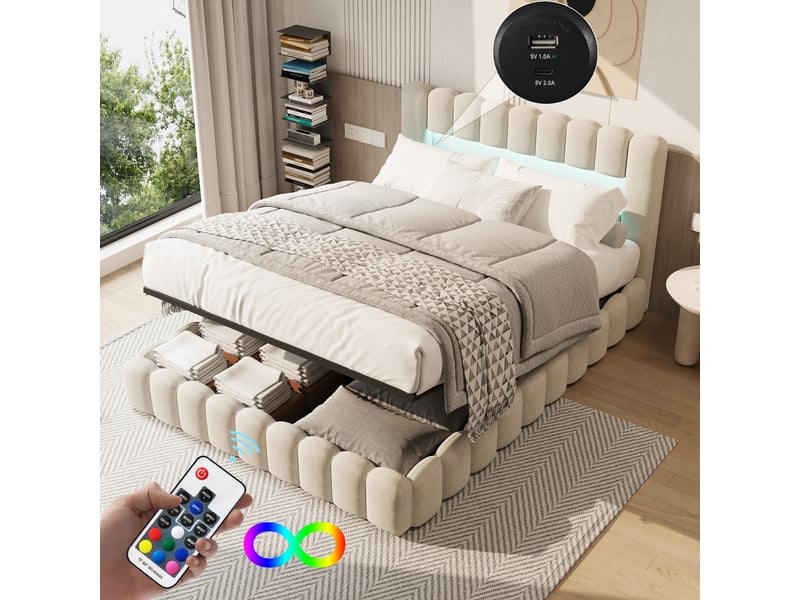  Lit coffre 2 places 180x200 cm, lit adulte avec rangement, compartiment, led, design simple, port usb, lin beige  - Conforama R