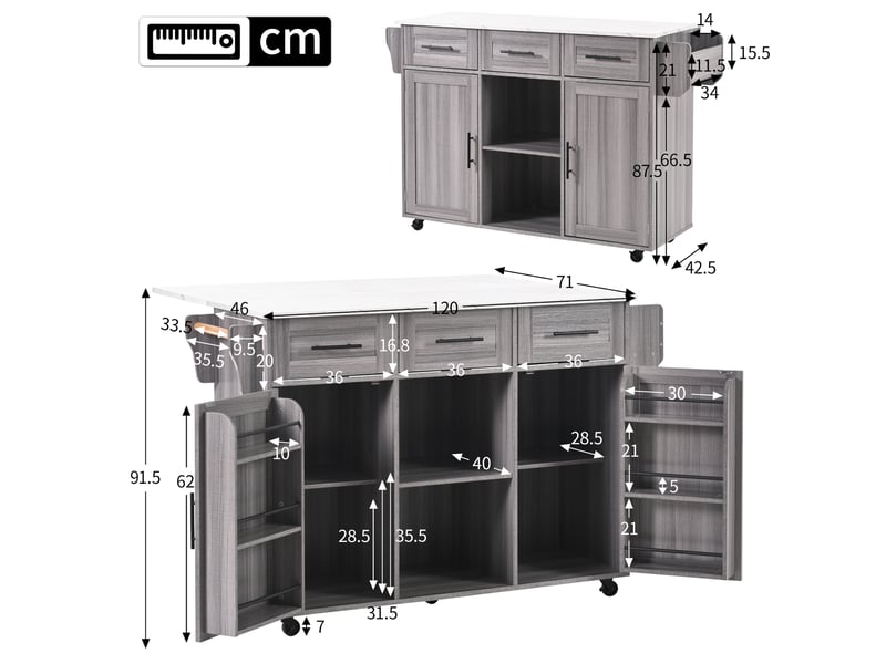  Desserte de cuisine avec 3 tiroirs, 4 portes et tablette rabattable, sur roulettes, pour cuisine en mdf gris et blanc  - Conforama C