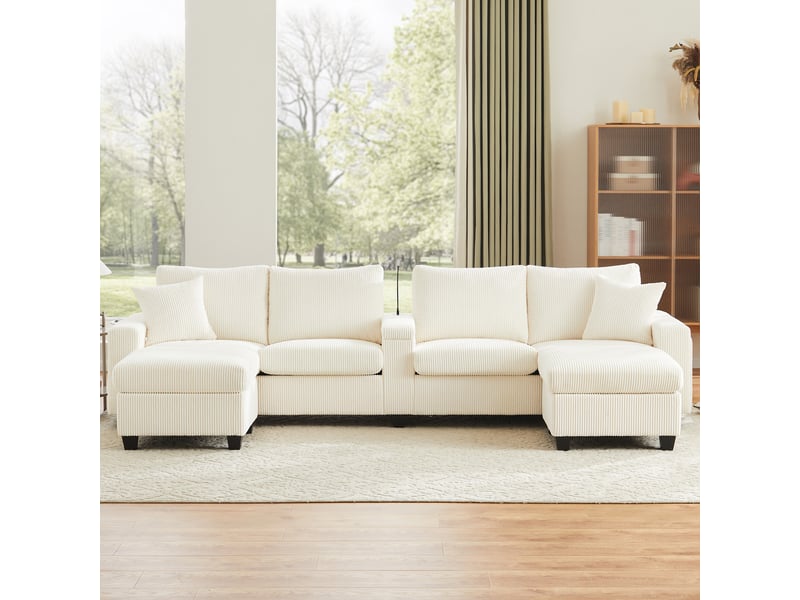 Canapé en u 4 places en velours côtelé beige, 334×128,5×81 cm, 2 poufs avec rangement, lampe de lecture et ports usb - Conforama W