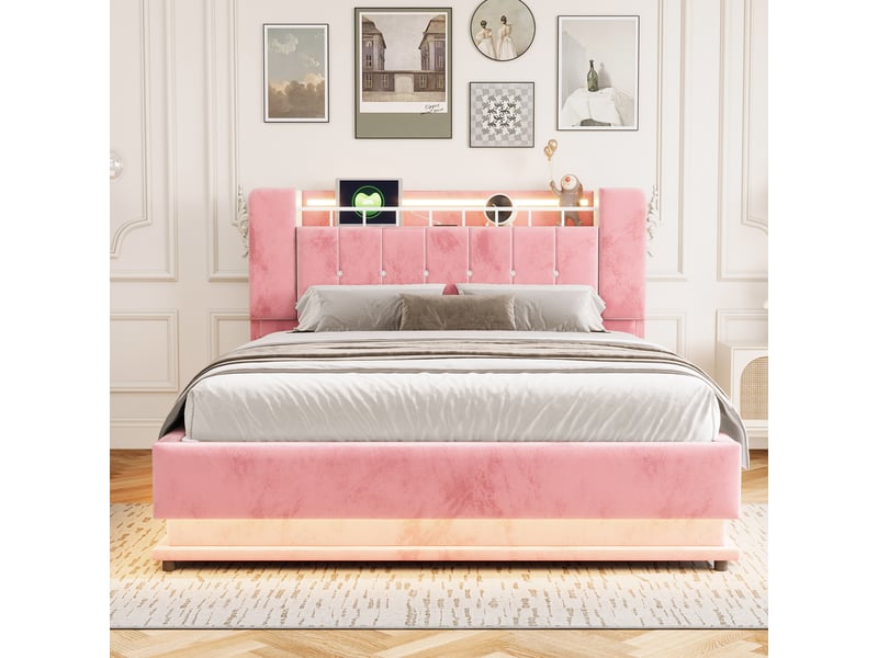 Lit coffre capitonné 160 x 200 cm - avec éclairage led - avec port usb - velours - rose (matelas non inclus) - Conforama D