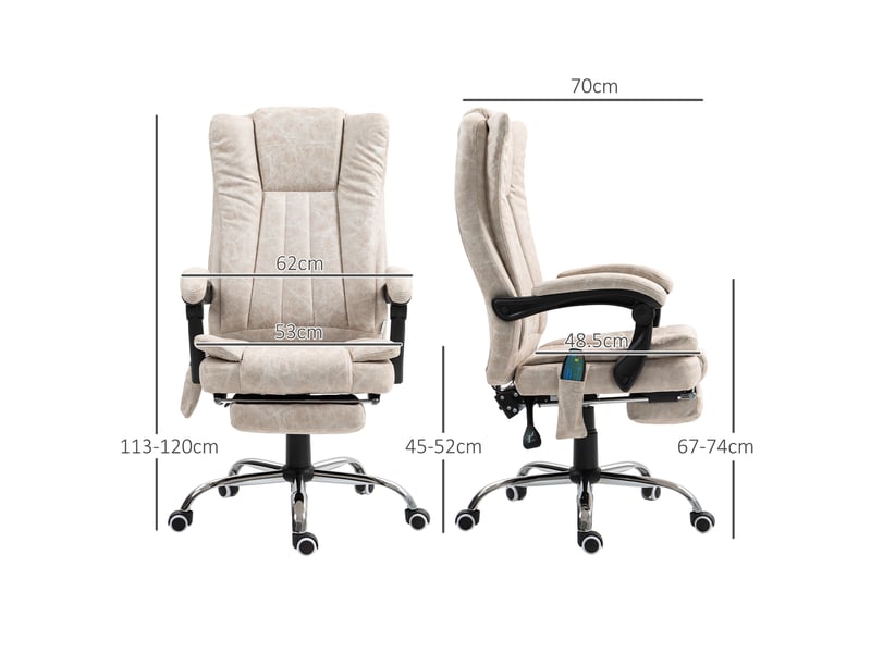 Fauteuil de bureau massant et chauffant avec repose-pieds, microfibre, 62 x 70 x 113-120 cm, crème - Conforama D