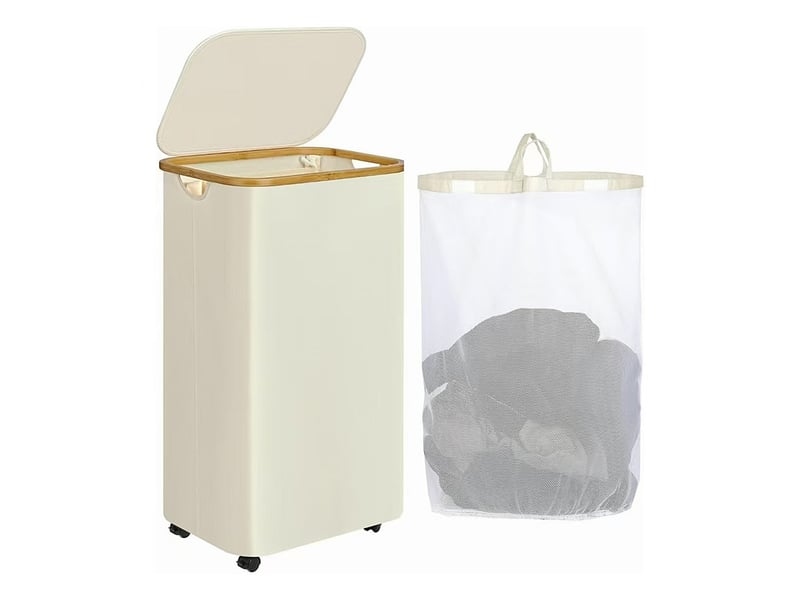  Panier à linge sur roulettes, panier à linge en forme de l avec couvercle, pliable, avec poignées en bambou et doublures amovibles pour chambre et sal - beige  - Conforama A