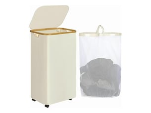 Panier à linge sur roulettes, panier à linge en forme de l avec couvercle, pliable, avec poignées en bambou et doublures amovibles pour chambre et sal - beige