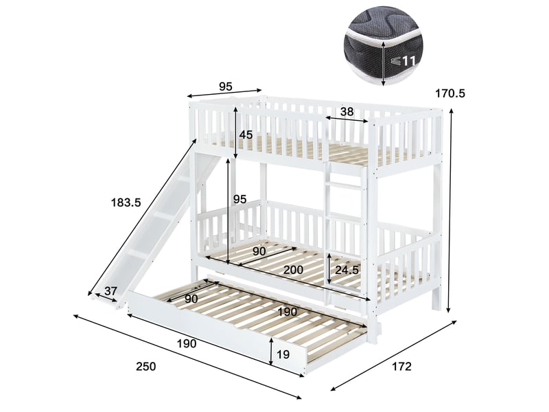  Lit superposé enfant 90x200cm avec toboggan, lit gigogne gain de place et étagères, pin massif et mdf, blanc  - Conforama E
