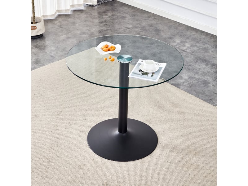  Table de salle à manger ronde en verre et métal, diamètre 85 cm, hauteur 76 cm, transparente noire  - Conforama B