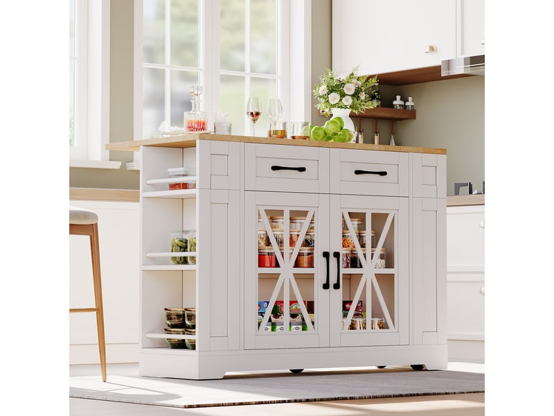  Îlot de cuisine roulant 120cm avec table pliante, prises acusb, portes en verre et étagères, desserte sur roulettes pour salle à manger  - Conforama C