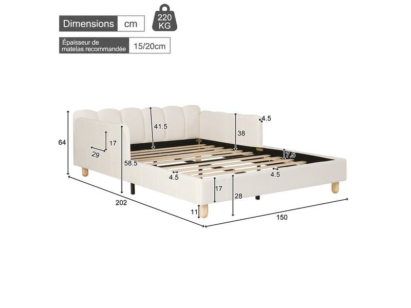  Lit enfant rembourré 140 x 190 cm avec tête de lit capitonnée et garde-corps, pieds en bois massif, velours beige  - Conforama C