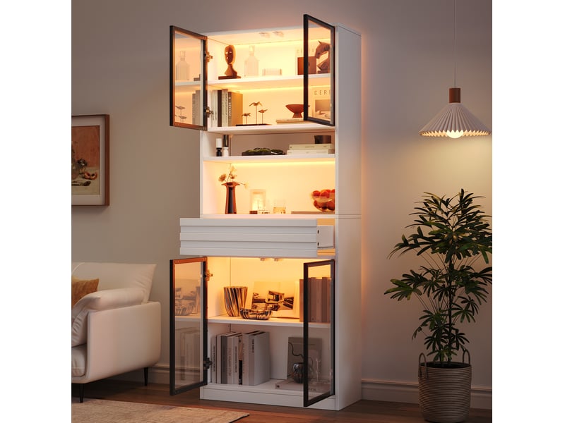  Vitrine avec 4 portes vitrées, 1 tiroir et éclairage led rgb contrôlé par application, en mdf blanc, 80 × 35 × 200 cm  - Conforama D