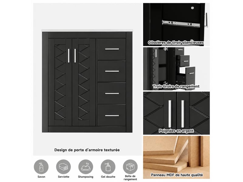  Meuble vasque noir 76 cm avec vasque en céramique, 3 tiroirs et rangement au sol  - Conforama E