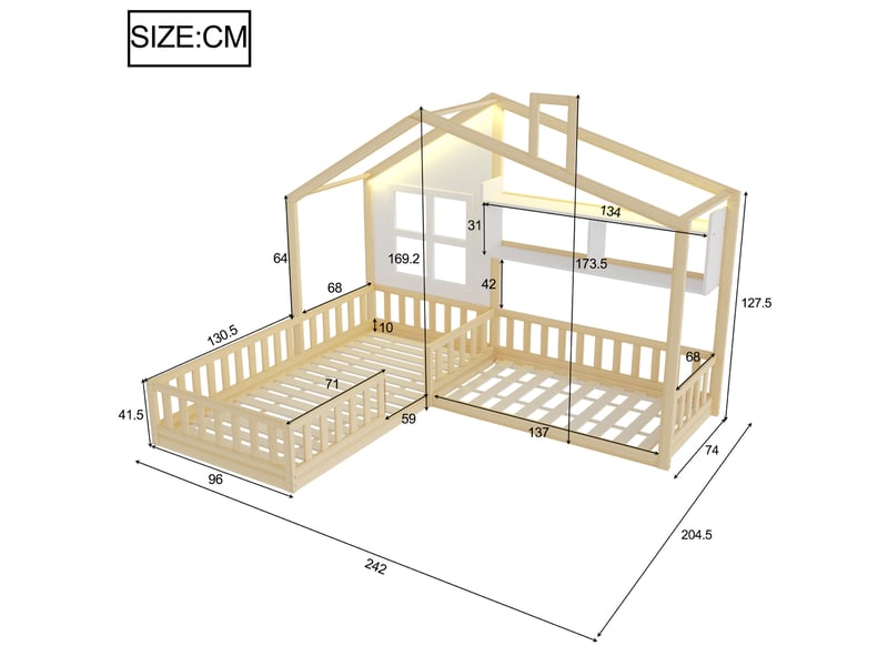 Lit cabane enfant 90x200 et 140x70 cm – bois naturel – led, étagères intégrées et sécurité - sans matelas - Conforama C
