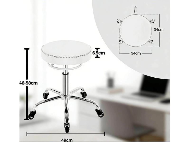  Tabouret de bureau réglable blanc à roulettes, assise pivotante 360° et rembourrée pour travail flexible  - Conforama C