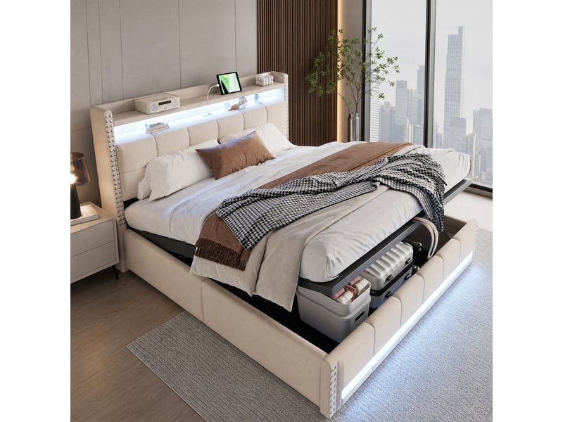  Lit double coffre 180 x 200 cm beige avec led, prise usb et tête de lit à étagères  - Conforama C