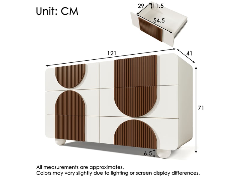  Commode 6 tiroirs 121x71x41 cm, style moderne, design courbé, mdf+bois, blanc, pour salon, meuble de salon  - Conforama C