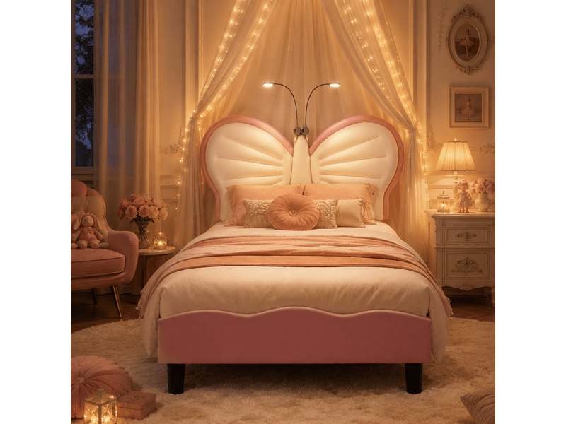 Lit enfant pour une fille 90x190 - sommier à lattes + liseuse + dossier rembourré - tête de lit réglable - 1 personne - lit fille 90x190cm avec led - lit enfant rembourré avec sommier à lattes - tête de lit réglable en papillon … - Conforama C