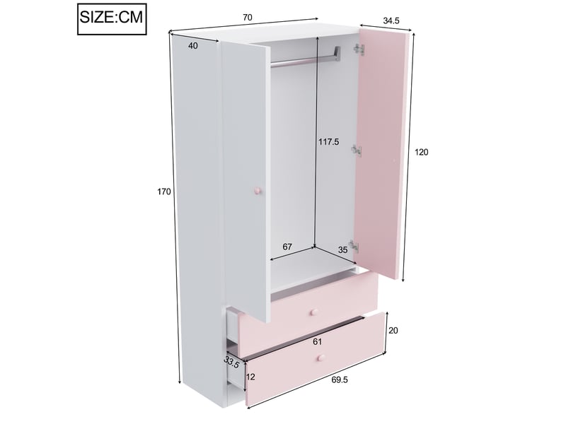  Armoire de rangement avec penderie et 2 tiroirs, finition bicolore rose et blanc, pour chambre, 70 × 40 × 170 cm  - Conforama D