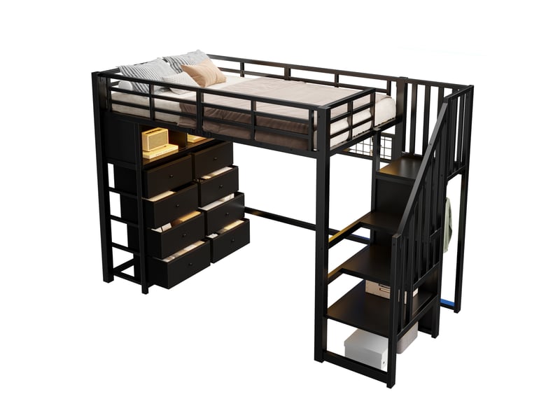  Lit mezzanine enfant 90 × 200 cm 1 place avec 8 tiroirs, led réglable et étagères, sans matelas, noir  - Conforama A