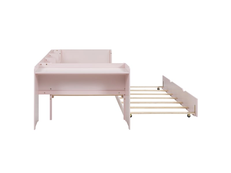  Lit enfant rose 90x200 avec bureau intégré et lit gigogne avec lit d'appoint  - Conforama R