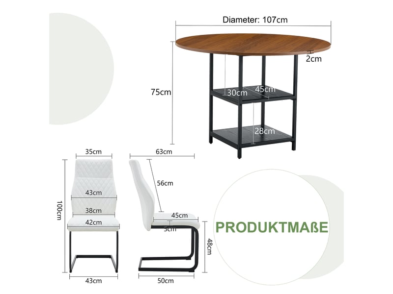  Ensemble table et chaises de salle à manger - table ronde 107 cm - double niveau de rangement Noyer , Blanc + Noir - Conforama D