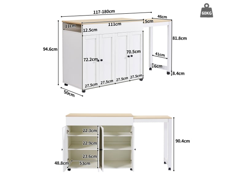  Table bar extensible 117-180x50x94,6 cm, 6 étagères, rangement, séparation salon, bistrot, blanc  - Conforama C