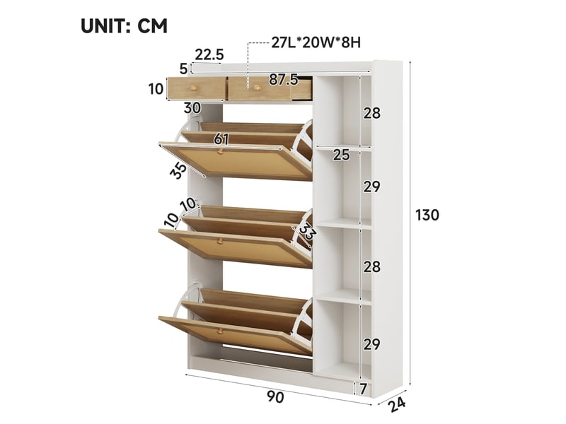  Meuble à chaussures avec 3 abattants, 2 tiroirs et niches ouvertes, pour entrée, blanc et naturel, 90 × 24 × 130 cm  - Conforama D