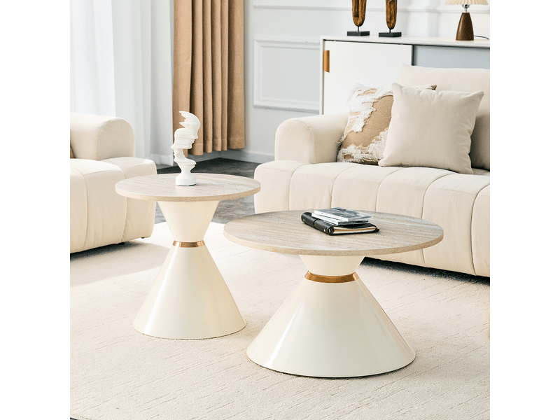  Set 2 tables basses gigognes travertin - piètement métal blanc crème et or - gain de place salon  - Conforama B
