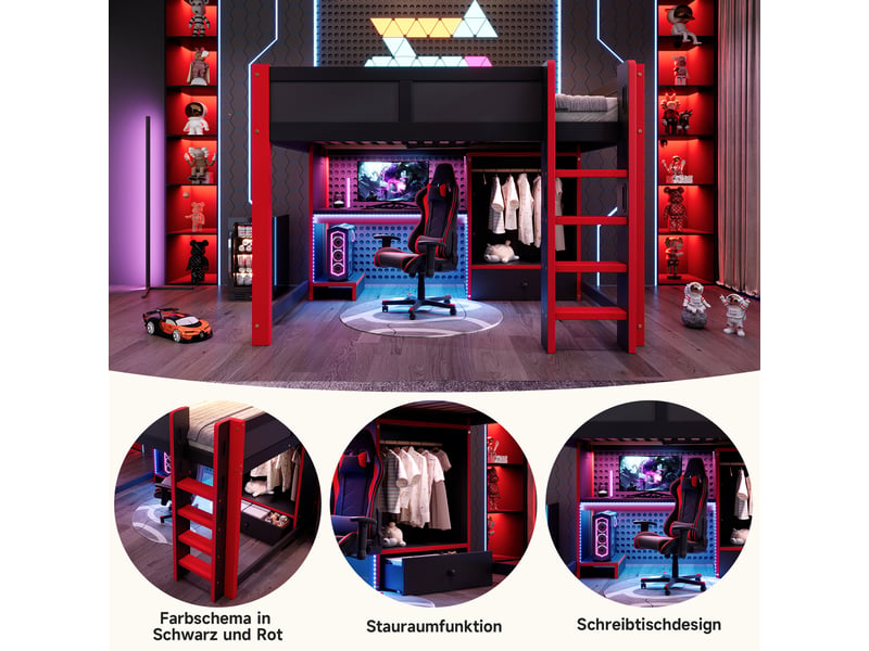  Lit mezzanine pour jeux vidéo 140x200 cm noir et rouge en pin, bureau, armoire, grands tiroirs, échelle et éclairage led  - Conforama D
