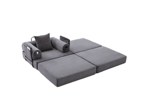Fauteuil modulable modenvie 1 place avec pouf velours côtelé gris foncé 112 x 190 x 67 cm